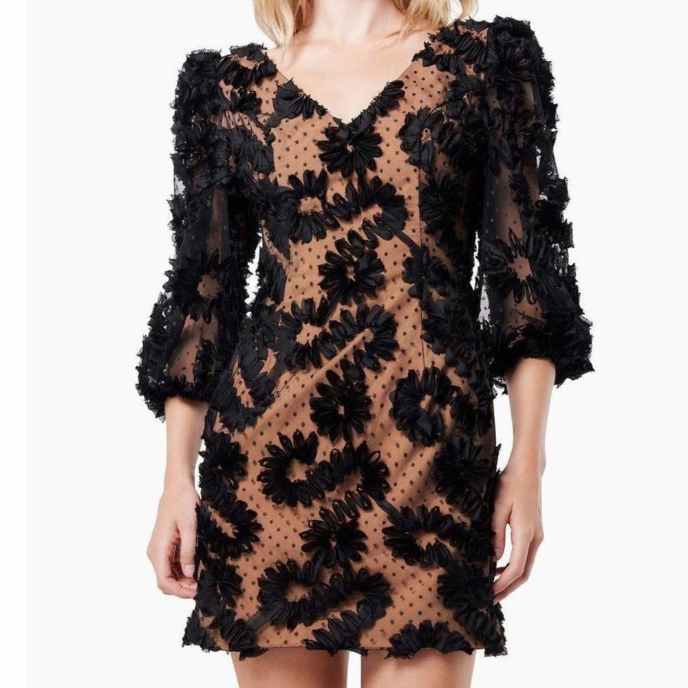 Elliatt 3D Ribbon Rosette Sheer Illusion Puff Sleeve Mini Dress S